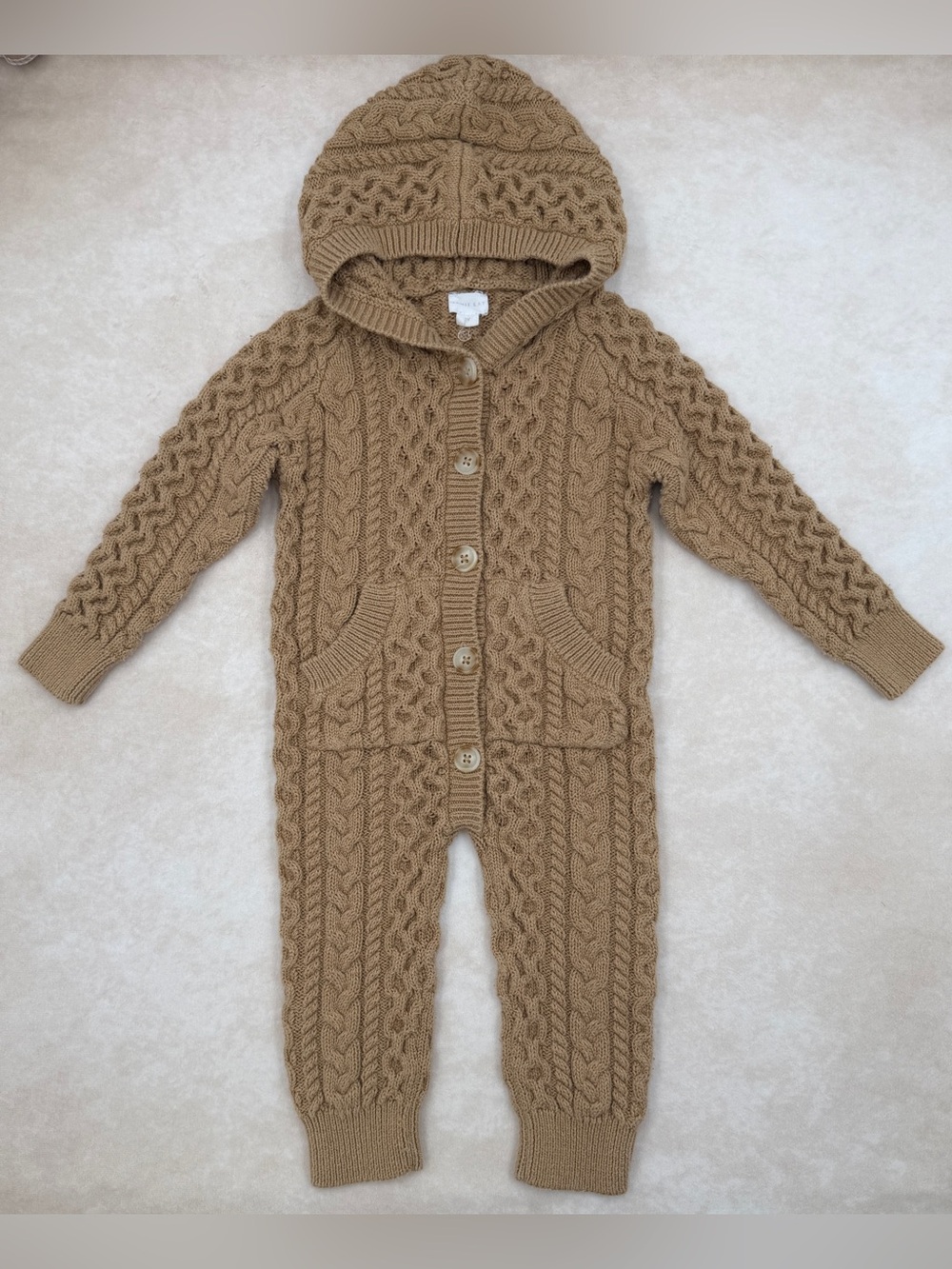 Jamie Kay Camel Cable-Knit Hooded Romper 1Y